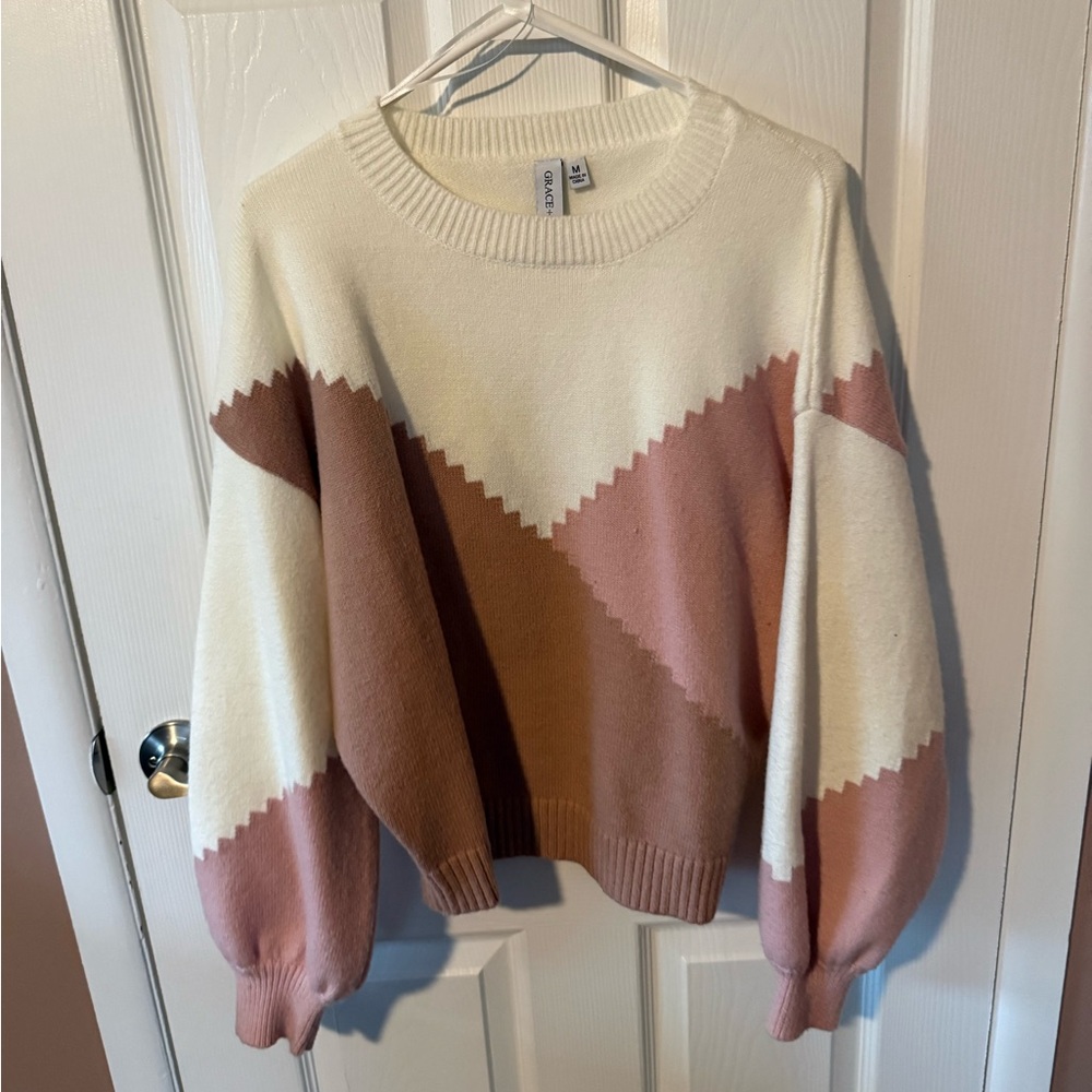 Grace + Karma Cream & Pink Geometric Sweater